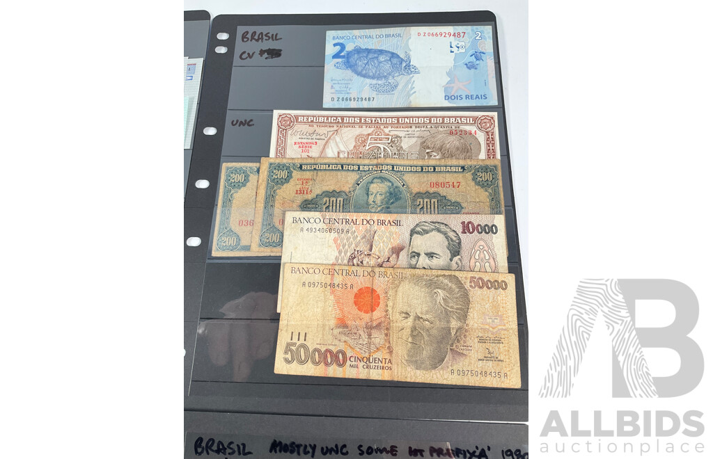 Collection of Vintage Brazil Banknotes Including 1960's Two Hundred Cruzeiros and Overprints