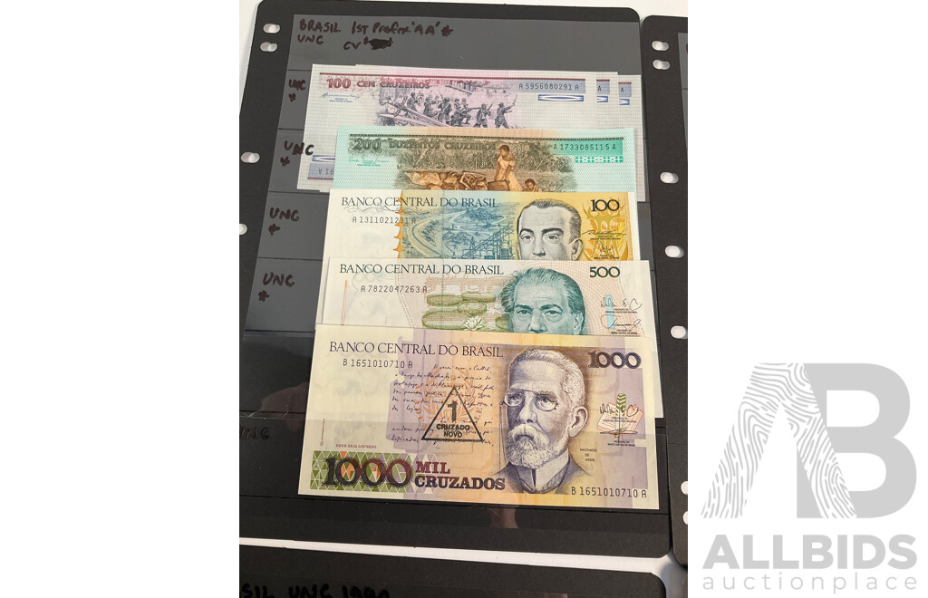 Collection of Vintage Brazil Banknotes Including 1960's Two Hundred Cruzeiros and Overprints