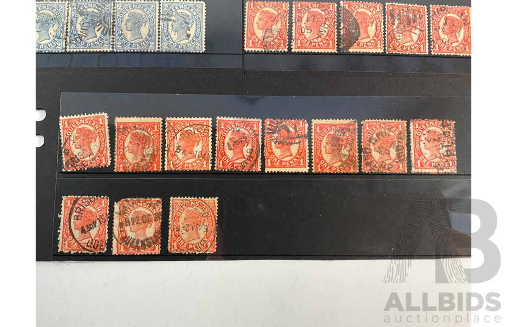 Collection of Australian Predecimal Queensland QV Stamps, Hand Cancel, Two Shillings