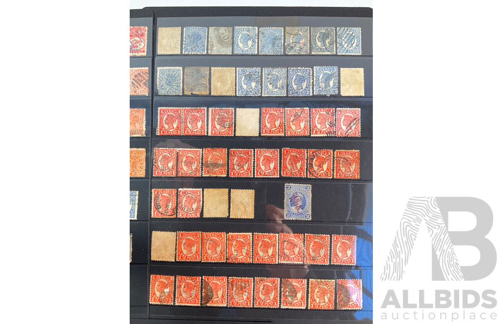 Collection of Australian Predecimal Queensland QV Stamps, Hand Cancel, Two Shillings