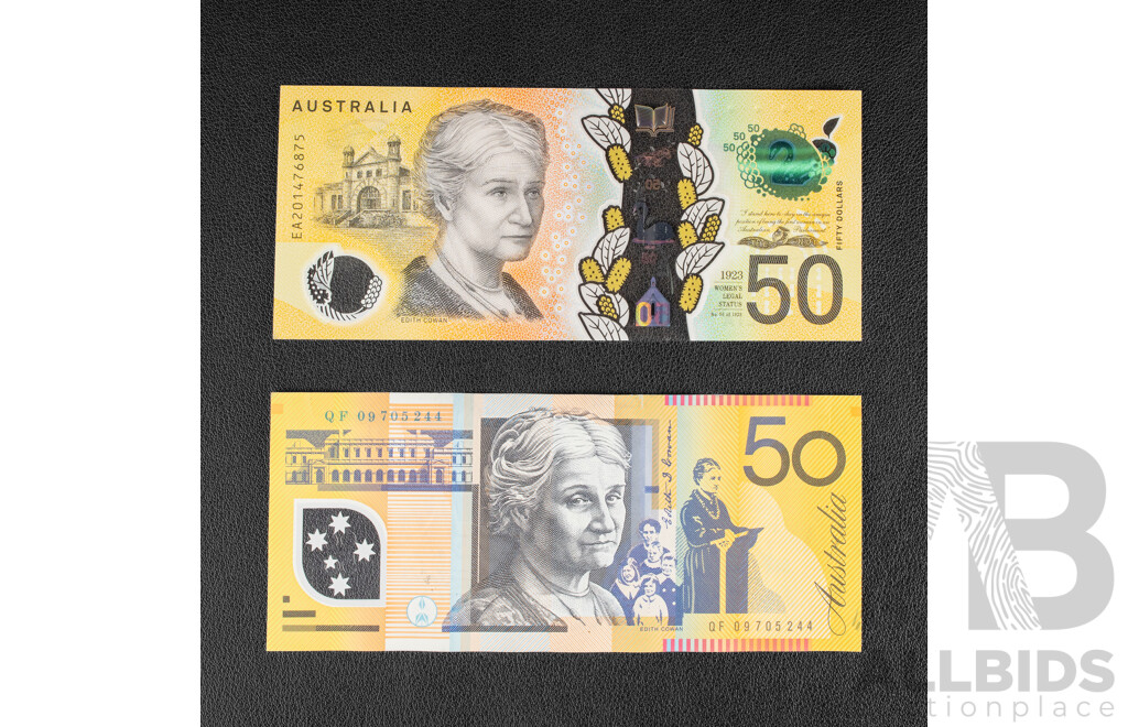 Two Australian Fifty Dollar Notes, 2020 UNC Lowe/Gaetjens Last Prefix EA 201476875, 2009 Stevens/Henry with Dropped '9' on Upper Serial QF 09705244