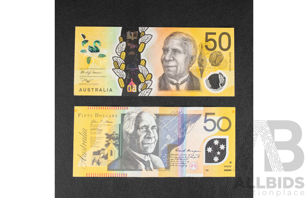 Two Australian Fifty Dollar Notes, 2020 UNC Lowe/Gaetjens Last Prefix EA 201476875, 2009 Stevens/Henry with Dropped '9' on Upper Serial QF 09705244