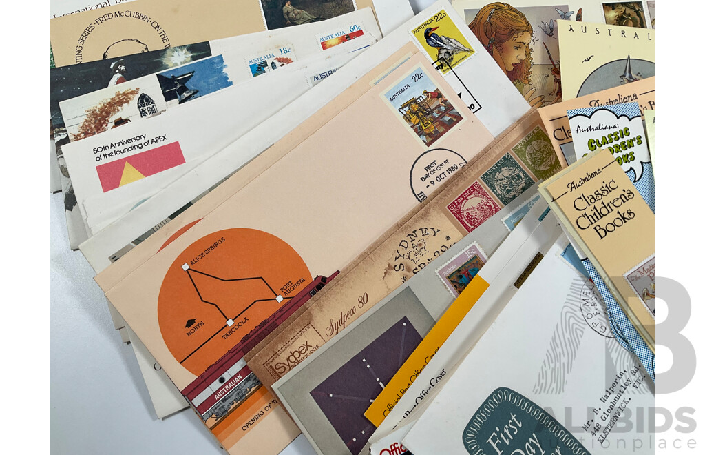Collection of Australian First Day Covers Spanning 1969 to 1989 Including 1983 America's Cup, 175th Anniversary Rum Rebellion, Classic Children's Books and Much More