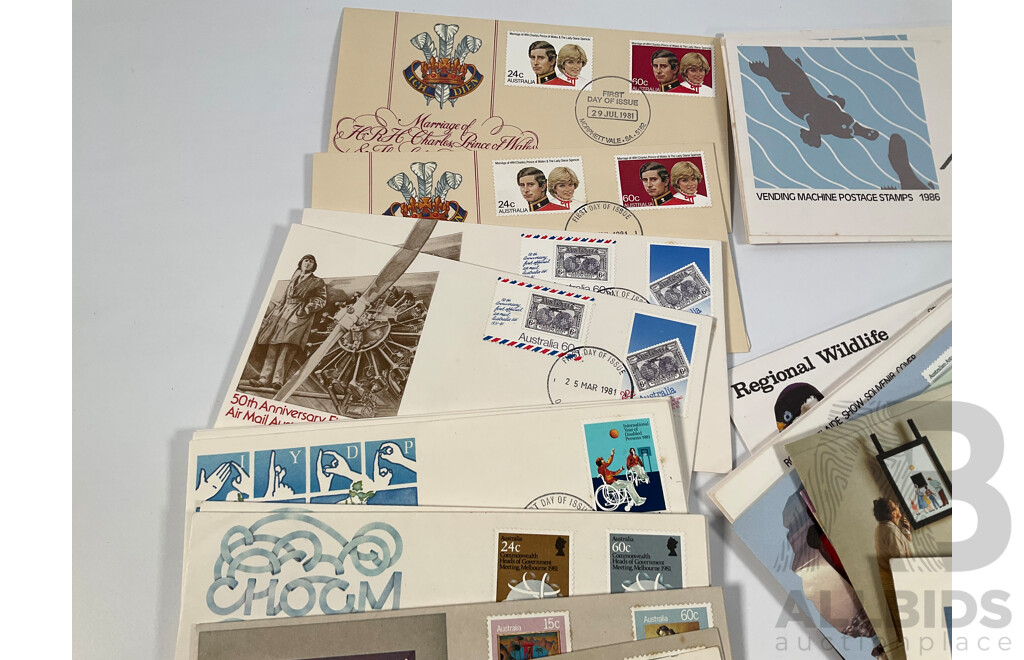 Australian 1980's First Day Covers Including Vending Machine Issues, Antarctic Scenes Series One, Parliament House Opening, Waltzing Matilda, Charles and Diana Wedding and More