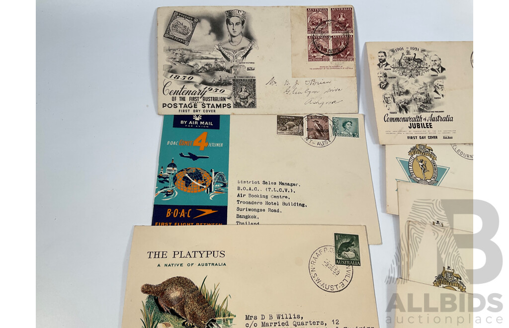 Australian First Day Covers Spanning 1917 to 1959 Including KGV, Australia's War Effort, Henry Lawson, B.O.A.C First London Sydney Flight, Two United Kingdom QV Post Cards