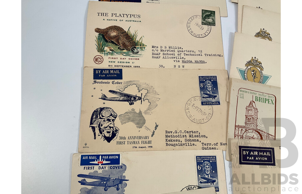 Australian First Day Covers Spanning 1917 to 1959 Including KGV, Australia's War Effort, Henry Lawson, B.O.A.C First London Sydney Flight, Two United Kingdom QV Post Cards