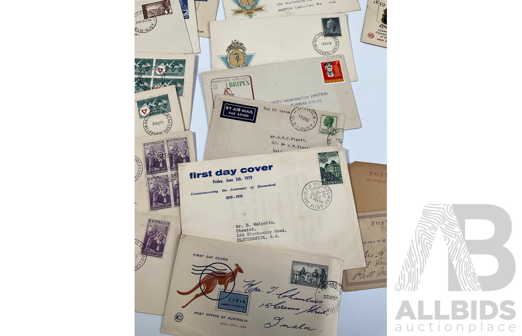 Australian First Day Covers Spanning 1917 to 1959 Including KGV, Australia's War Effort, Henry Lawson, B.O.A.C First London Sydney Flight, Two United Kingdom QV Post Cards