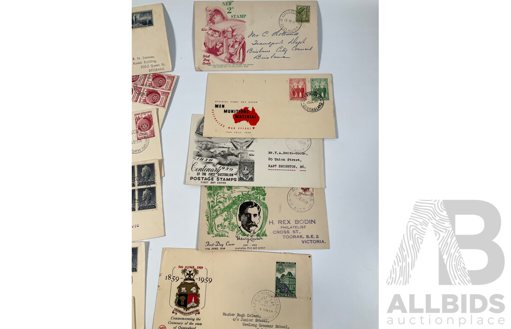Australian First Day Covers Spanning 1917 to 1959 Including KGV, Australia's War Effort, Henry Lawson, B.O.A.C First London Sydney Flight, Two United Kingdom QV Post Cards