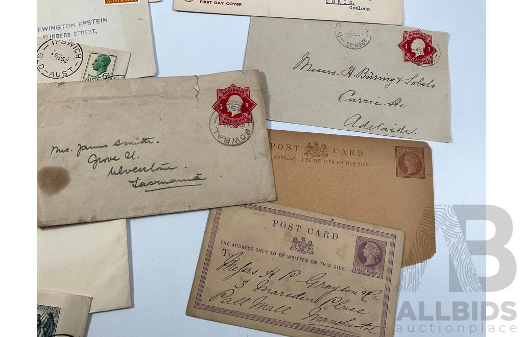Australian First Day Covers Spanning 1917 to 1959 Including KGV, Australia's War Effort, Henry Lawson, B.O.A.C First London Sydney Flight, Two United Kingdom QV Post Cards