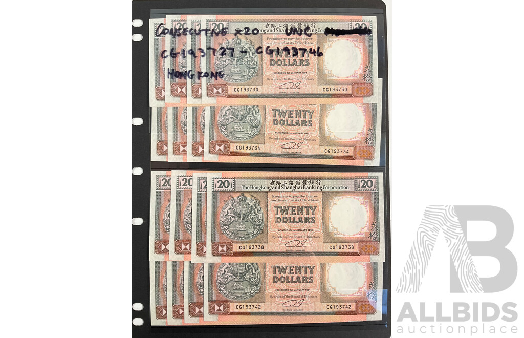Sixteen Hong Kong 1991 Twenty Dollar Banknotes, Consecutive CGI 193727  -  CGI 193742