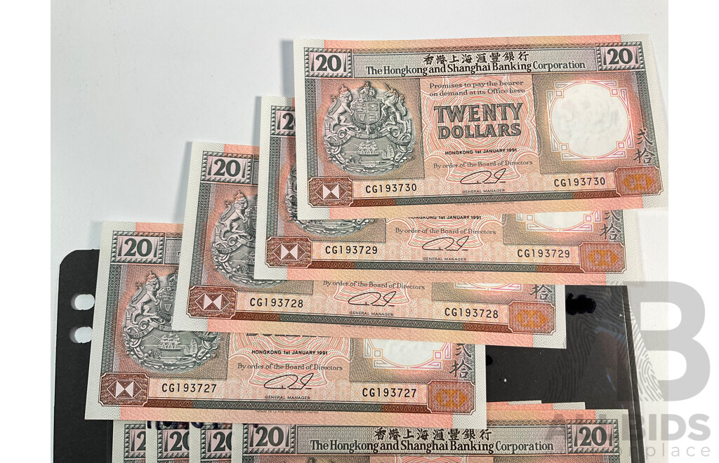 Sixteen Hong Kong 1991 Twenty Dollar Banknotes, Consecutive CGI 193727  -  CGI 193742