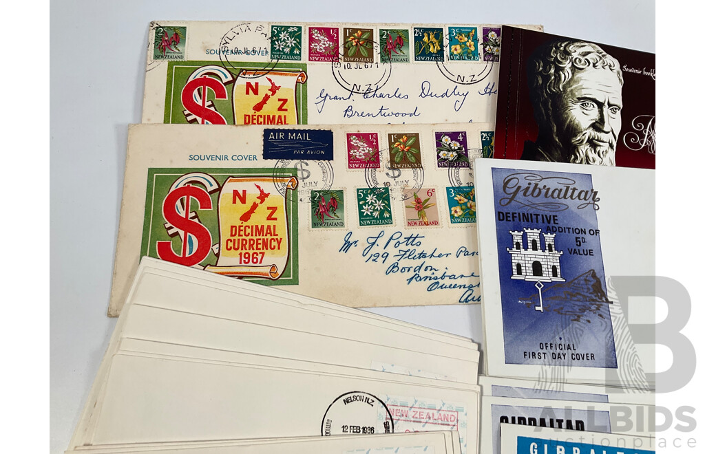 Collection of Vintage International First Day Covers Including United Kingdom, Wales, United Nations, Gibraltar, Sevilla, New Zealand