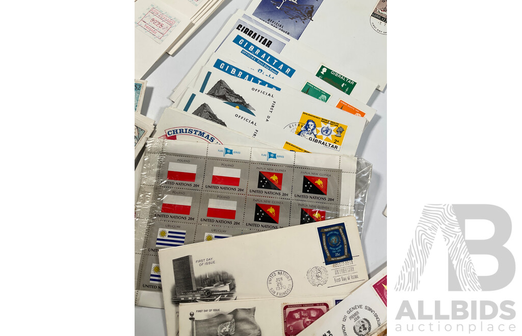 Collection of Vintage International First Day Covers Including United Kingdom, Wales, United Nations, Gibraltar, Sevilla, New Zealand