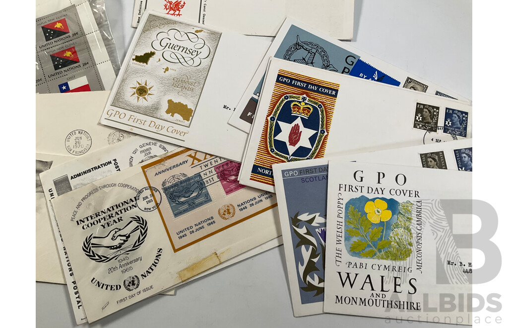 Collection of Vintage International First Day Covers Including United Kingdom, Wales, United Nations, Gibraltar, Sevilla, New Zealand