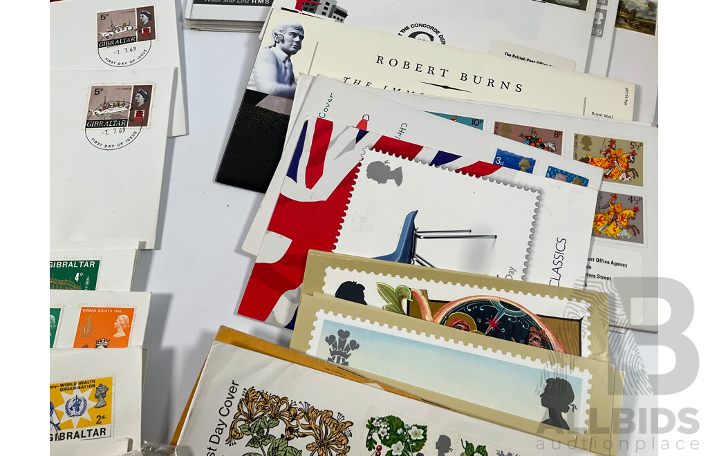 Collection of Vintage International First Day Covers Including United Kingdom, Wales, United Nations, Gibraltar, Sevilla, New Zealand