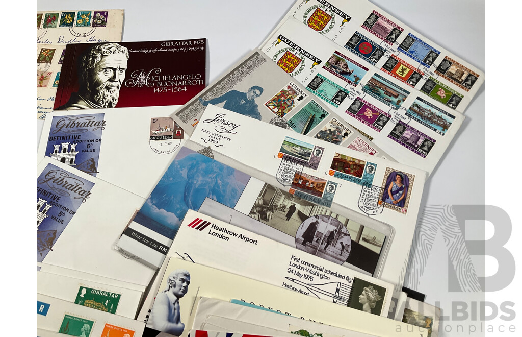 Collection of Vintage International First Day Covers Including United Kingdom, Wales, United Nations, Gibraltar, Sevilla, New Zealand