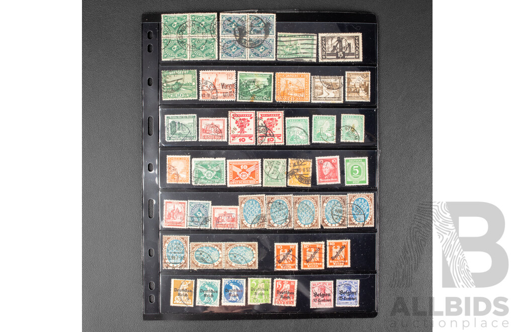 Collection of Vintage German Coins and Stamps Spanning 1870's to 1940's Including Five, Ten, Fifty Pfennig, Hindenburg, Overprints