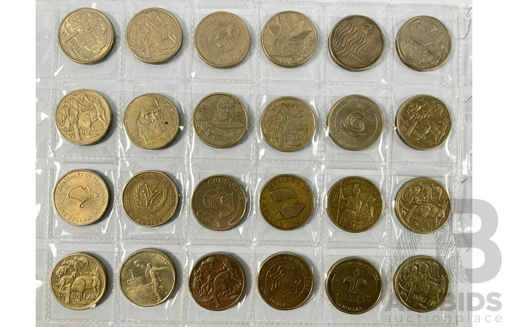 Australian Set of Fifty Five Circulating One Dollar Coins, Consecutive 1984 to 2026, Lacking 2021 Mob of Roos and 2016 Fifty Years Decimal Currency with Two 2026 Two Dollar Coins, Bluey for Real Life and Bingo/Hooray