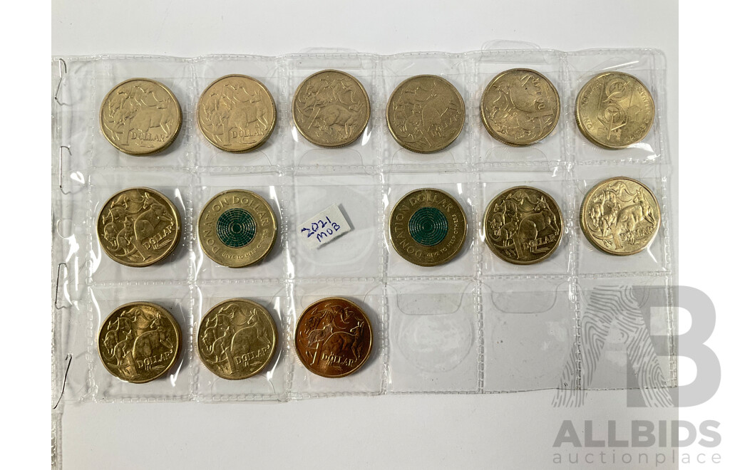 Australian Set of Fifty Five Circulating One Dollar Coins, Consecutive 1984 to 2026, Lacking 2021 Mob of Roos and 2016 Fifty Years Decimal Currency with Two 2026 Two Dollar Coins, Bluey for Real Life and Bingo/Hooray