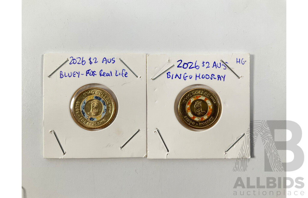 Australian Set of Fifty Five Circulating One Dollar Coins, Consecutive 1984 to 2026, Lacking 2021 Mob of Roos and 2016 Fifty Years Decimal Currency with Two 2026 Two Dollar Coins, Bluey for Real Life and Bingo/Hooray