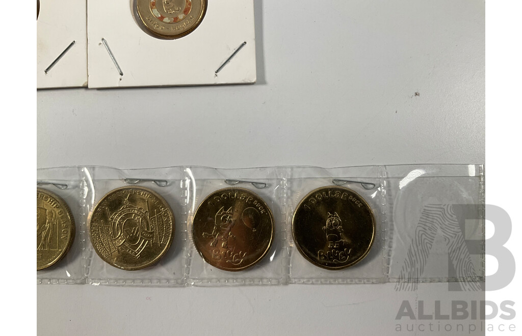 Australian Set of Fifty Five Circulating One Dollar Coins, Consecutive 1984 to 2026, Lacking 2021 Mob of Roos and 2016 Fifty Years Decimal Currency with Two 2026 Two Dollar Coins, Bluey for Real Life and Bingo/Hooray