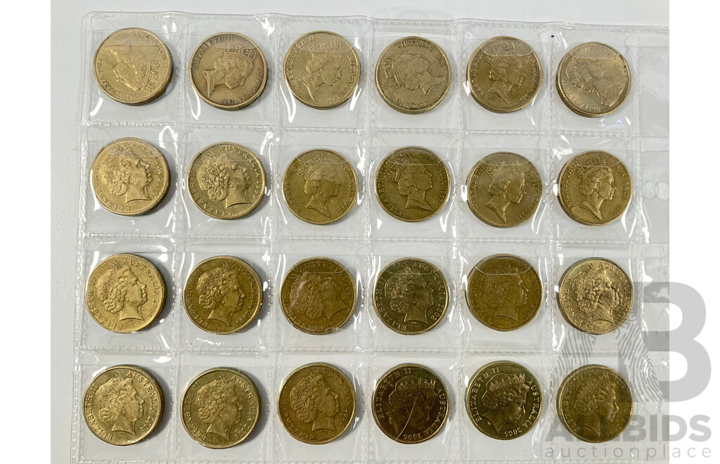 Australian Set of Fifty Five Circulating One Dollar Coins, Consecutive 1984 to 2026, Lacking 2021 Mob of Roos and 2016 Fifty Years Decimal Currency with Two 2026 Two Dollar Coins, Bluey for Real Life and Bingo/Hooray