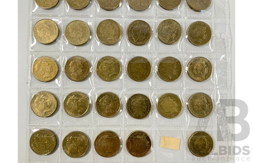 Australian Set of Fifty Five Circulating One Dollar Coins, Consecutive 1984 to 2026, Lacking 2021 Mob of Roos and 2016 Fifty Years Decimal Currency with Two 2026 Two Dollar Coins, Bluey for Real Life and Bingo/Hooray