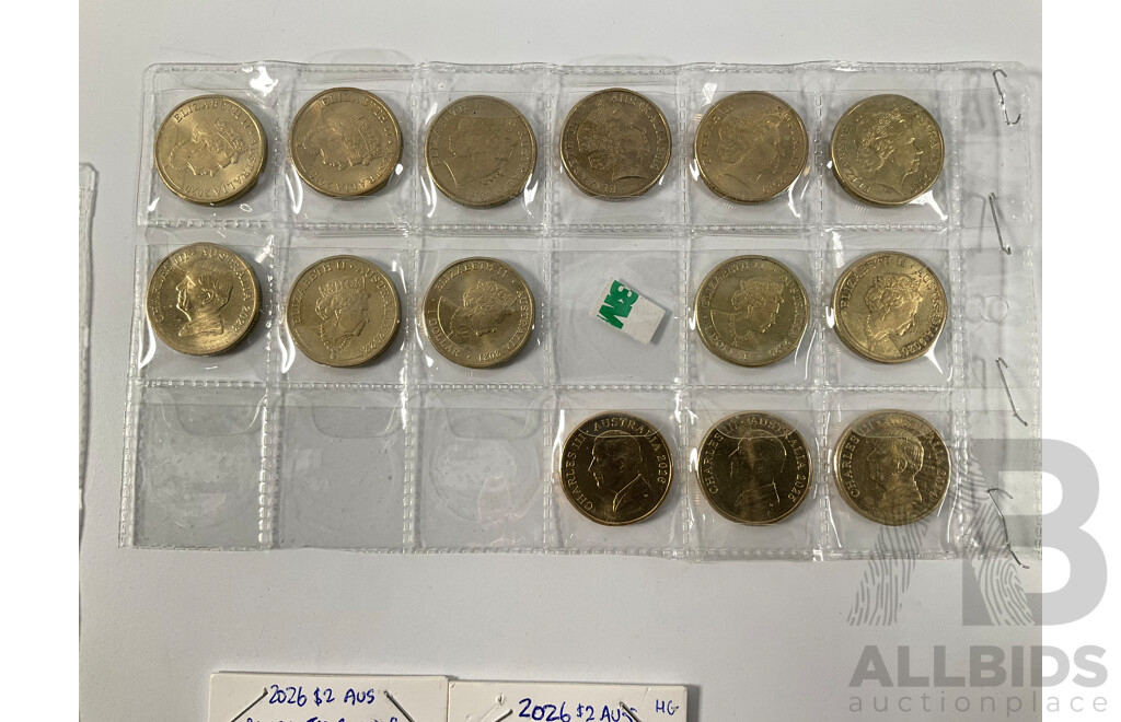 Australian Set of Fifty Five Circulating One Dollar Coins, Consecutive 1984 to 2026, Lacking 2021 Mob of Roos and 2016 Fifty Years Decimal Currency with Two 2026 Two Dollar Coins, Bluey for Real Life and Bingo/Hooray