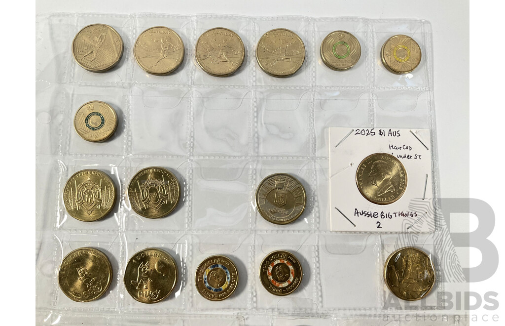 Collection of Australian Commemorative One and Two Dollar Coins Spanning 2017 to 2026 Including Eleven 2019 Coin Hunt, Fourteen 2021 Coin Hunt, Sixteen 2022 Coin Hunt, Ten 2023 Aussie Big Things, 2023 Matildas Set and More