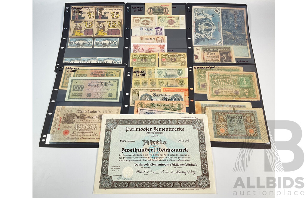 Collection of Vintage German Banknotes Including Emergency Money, Examples Spanning 1910 to 1975 with 1940 Perlmooser Cement Works Share Certificate