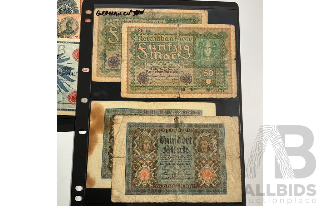 Collection of Vintage German Banknotes Including Emergency Money, Examples Spanning 1910 to 1975 with 1940 Perlmooser Cement Works Share Certificate