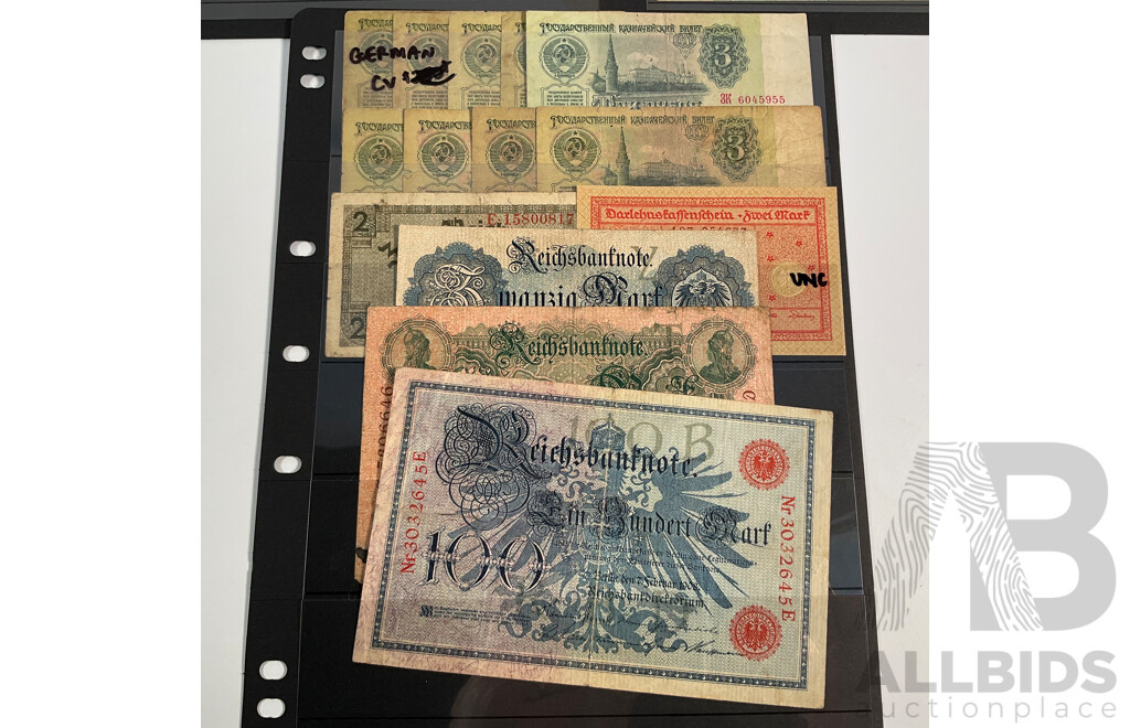 Collection of Vintage German Banknotes Including Emergency Money, Examples Spanning 1910 to 1975 with 1940 Perlmooser Cement Works Share Certificate