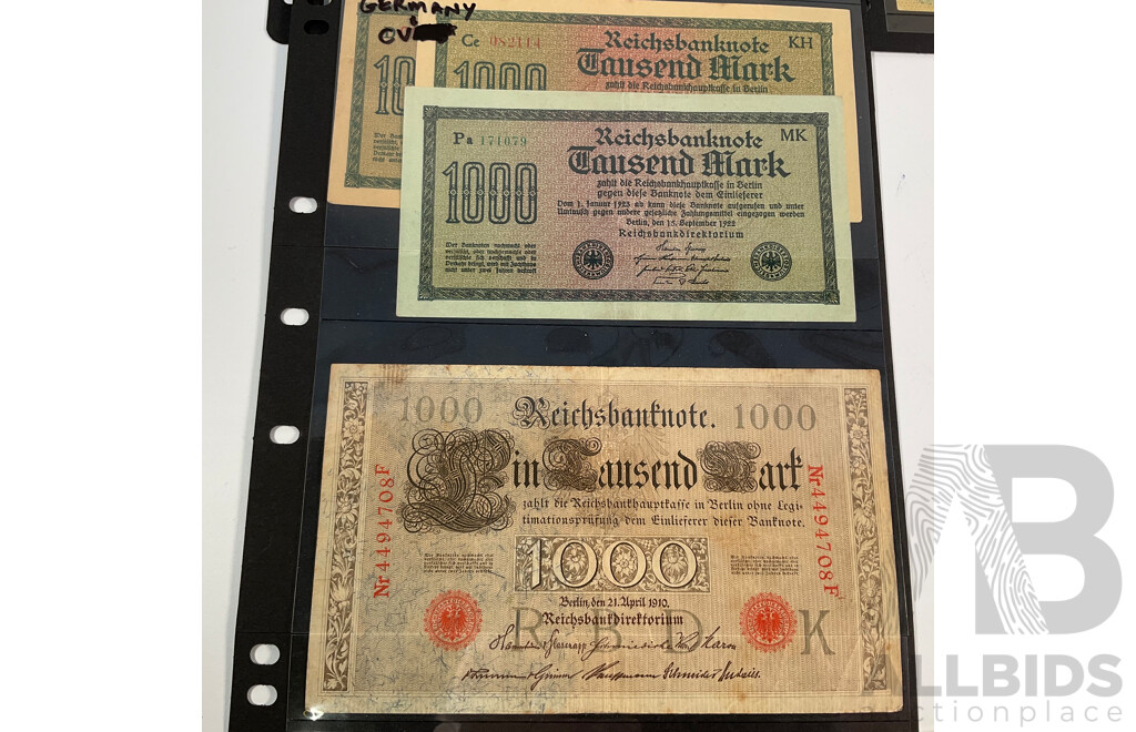 Collection of Vintage German Banknotes Including Emergency Money, Examples Spanning 1910 to 1975 with 1940 Perlmooser Cement Works Share Certificate