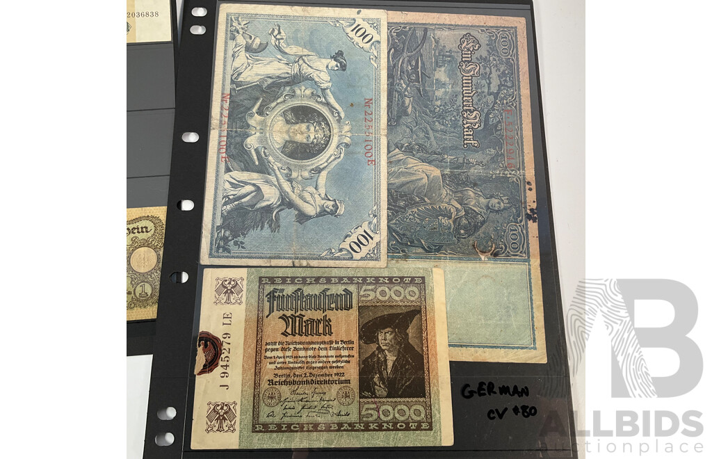 Collection of Vintage German Banknotes Including Emergency Money, Examples Spanning 1910 to 1975 with 1940 Perlmooser Cement Works Share Certificate