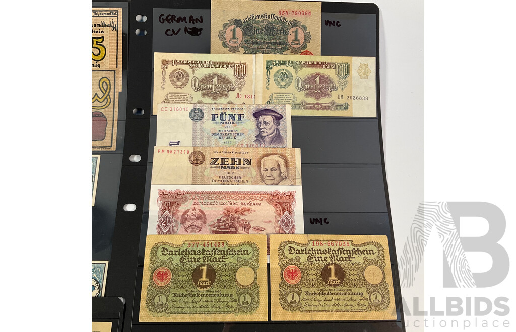 Collection of Vintage German Banknotes Including Emergency Money, Examples Spanning 1910 to 1975 with 1940 Perlmooser Cement Works Share Certificate