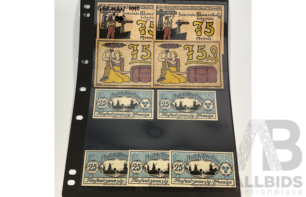 Collection of Vintage German Banknotes Including Emergency Money, Examples Spanning 1910 to 1975 with 1940 Perlmooser Cement Works Share Certificate