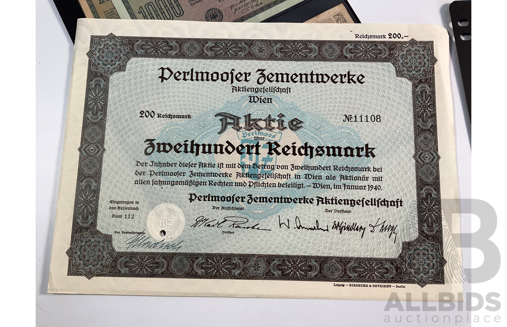 Collection of Vintage German Banknotes Including Emergency Money, Examples Spanning 1910 to 1975 with 1940 Perlmooser Cement Works Share Certificate