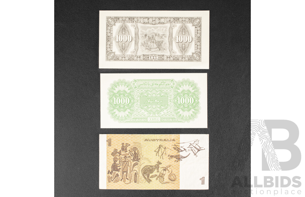 Australian 1982 One Dollar Note, Johnston/Stone with Chinese 1949 and 1951 Replica Thousand Yuan Banknotes