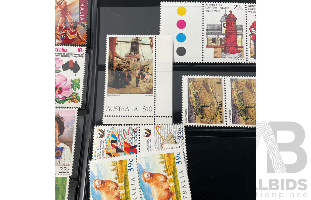 Collection of Australian Predecimal and Decimal Stamps, Many Mints, Blocks, Booklets, Ten Dollar Tom Roberts, Perfins, Mini Sheets, Aerogrammes, Double Sided Hangers