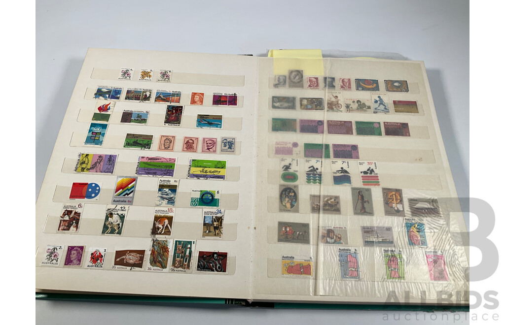 Album of Australian Mint and Cancelled Stamps Spanning 1966 to 1986, Mint Strips, Blocks and Mini Sheets, Many Sets, Some Predecimal
