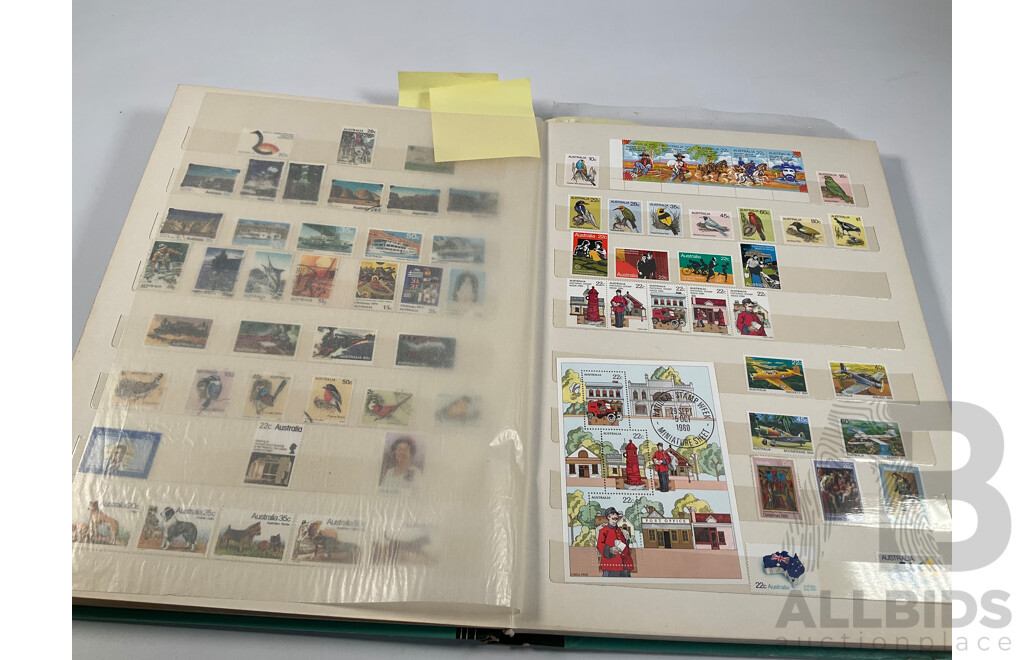 Album of Australian Mint and Cancelled Stamps Spanning 1966 to 1986, Mint Strips, Blocks and Mini Sheets, Many Sets, Some Predecimal