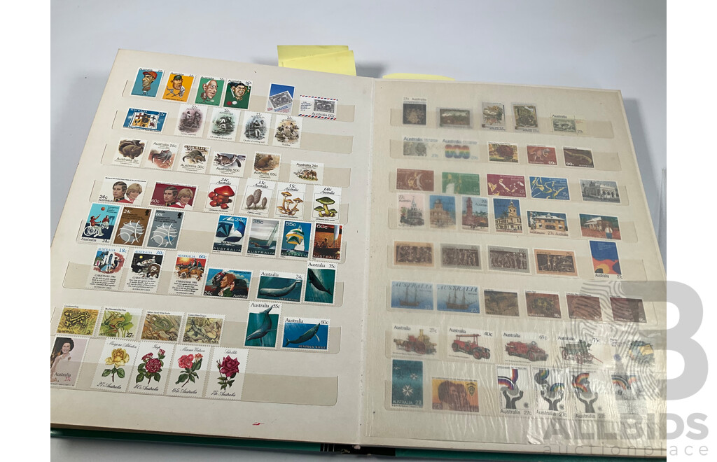 Album of Australian Mint and Cancelled Stamps Spanning 1966 to 1986, Mint Strips, Blocks and Mini Sheets, Many Sets, Some Predecimal