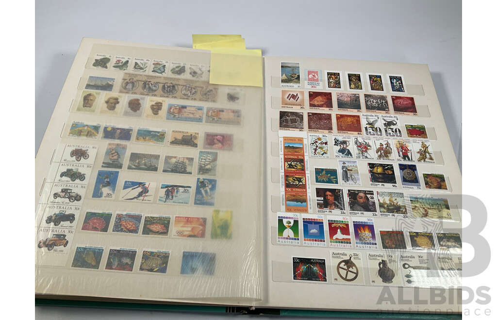 Album of Australian Mint and Cancelled Stamps Spanning 1966 to 1986, Mint Strips, Blocks and Mini Sheets, Many Sets, Some Predecimal