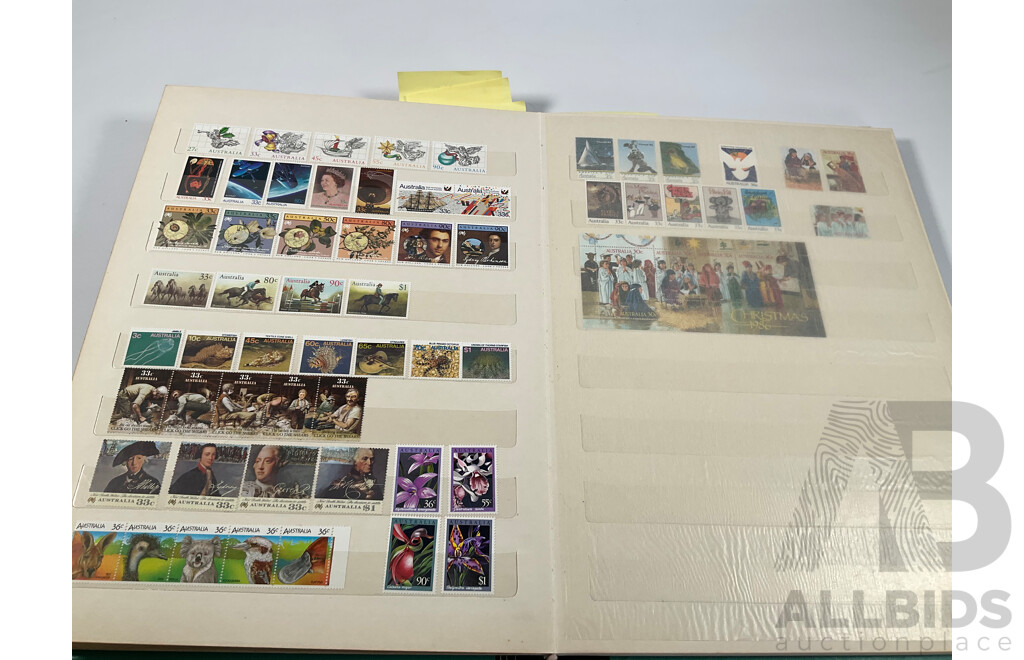 Album of Australian Mint and Cancelled Stamps Spanning 1966 to 1986, Mint Strips, Blocks and Mini Sheets, Many Sets, Some Predecimal