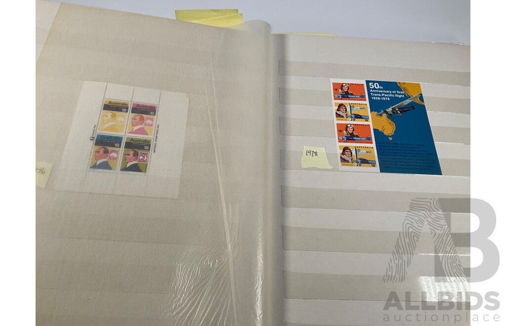 Album of Australian Mint and Cancelled Stamps Spanning 1966 to 1986, Mint Strips, Blocks and Mini Sheets, Many Sets, Some Predecimal