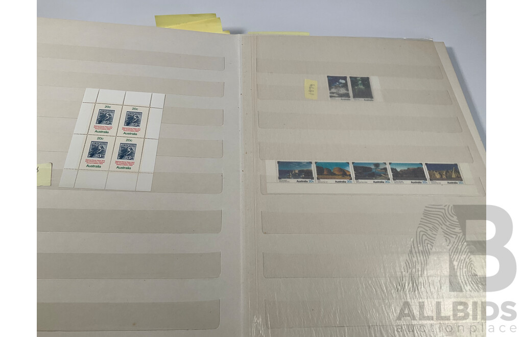 Album of Australian Mint and Cancelled Stamps Spanning 1966 to 1986, Mint Strips, Blocks and Mini Sheets, Many Sets, Some Predecimal
