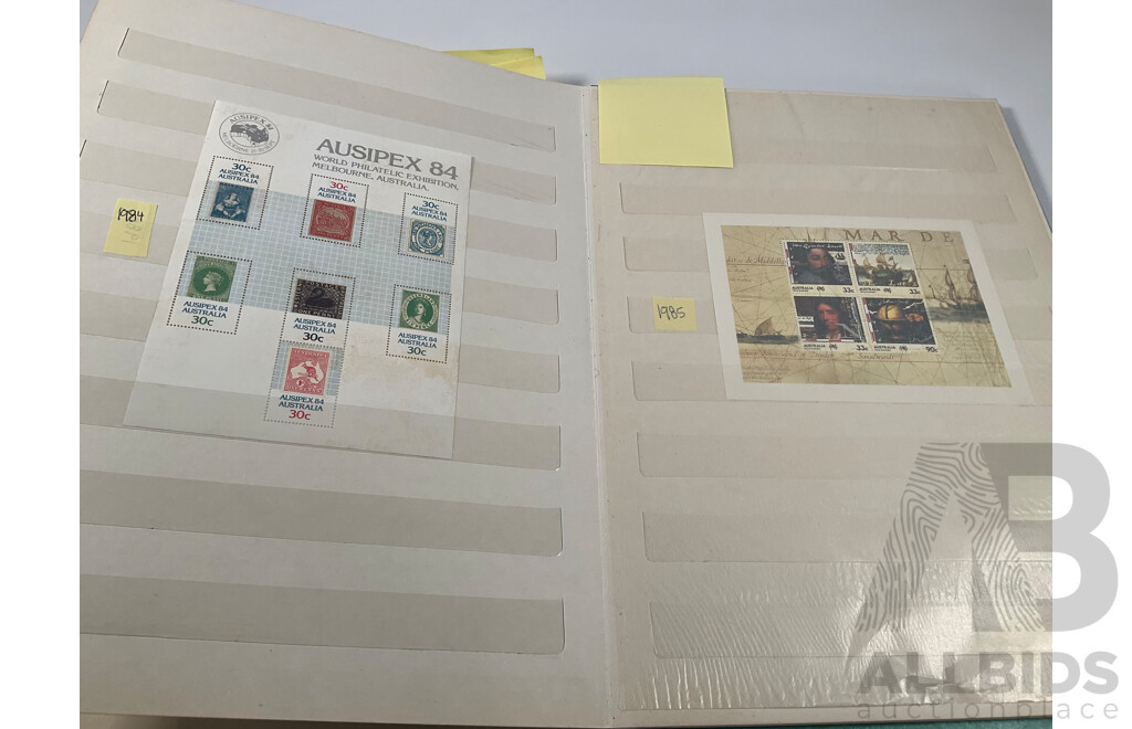 Album of Australian Mint and Cancelled Stamps Spanning 1966 to 1986, Mint Strips, Blocks and Mini Sheets, Many Sets, Some Predecimal
