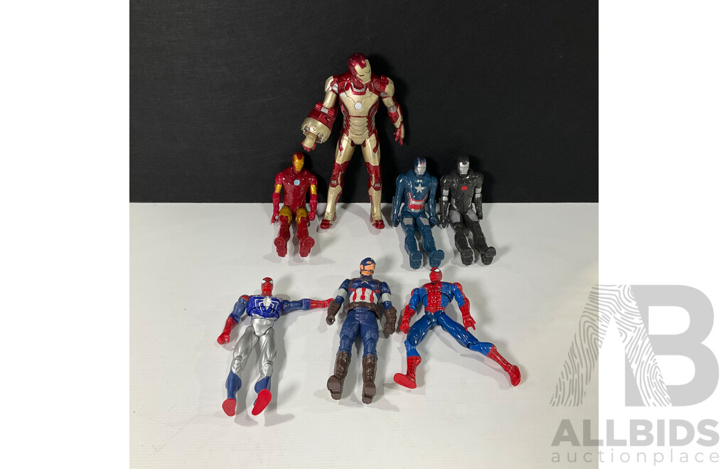 Seven Marvel Character Display Figures Including Spider Man, Captain America, Iron Man and More