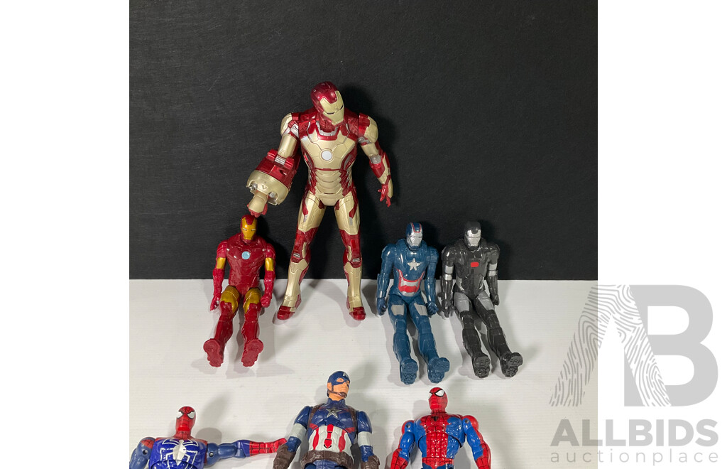 Seven Marvel Character Display Figures Including Spider Man, Captain America, Iron Man and More