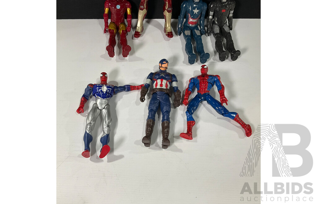 Seven Marvel Character Display Figures Including Spider Man, Captain America, Iron Man and More